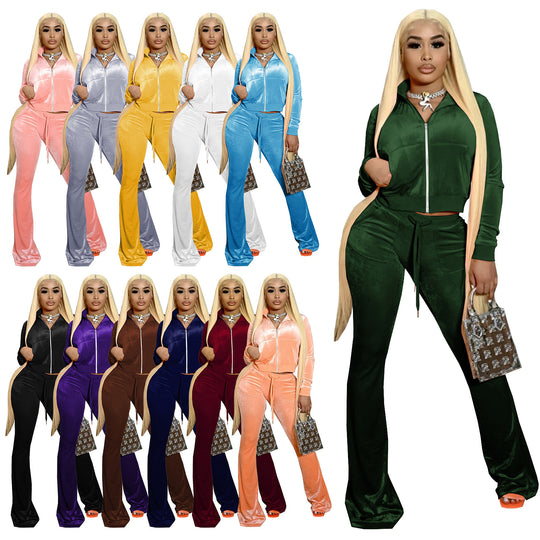 Damen Zwei-Teilige Samt Lounge Set mit Kurz-Frontreißverschluss Hoodie und Ausgestellten Palazzo Hosen EB