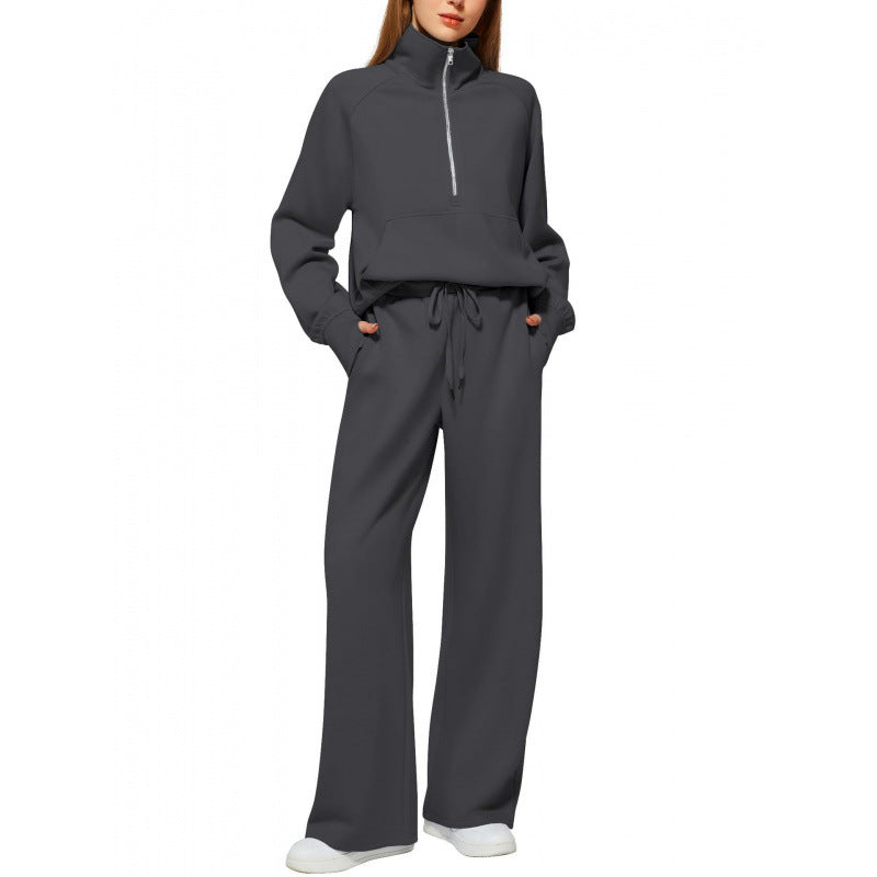 Damen Zweiteiliges Lounge-Set mit Halbreißverschluss, Stehkragen und weiter Palazzohose Shop Nory