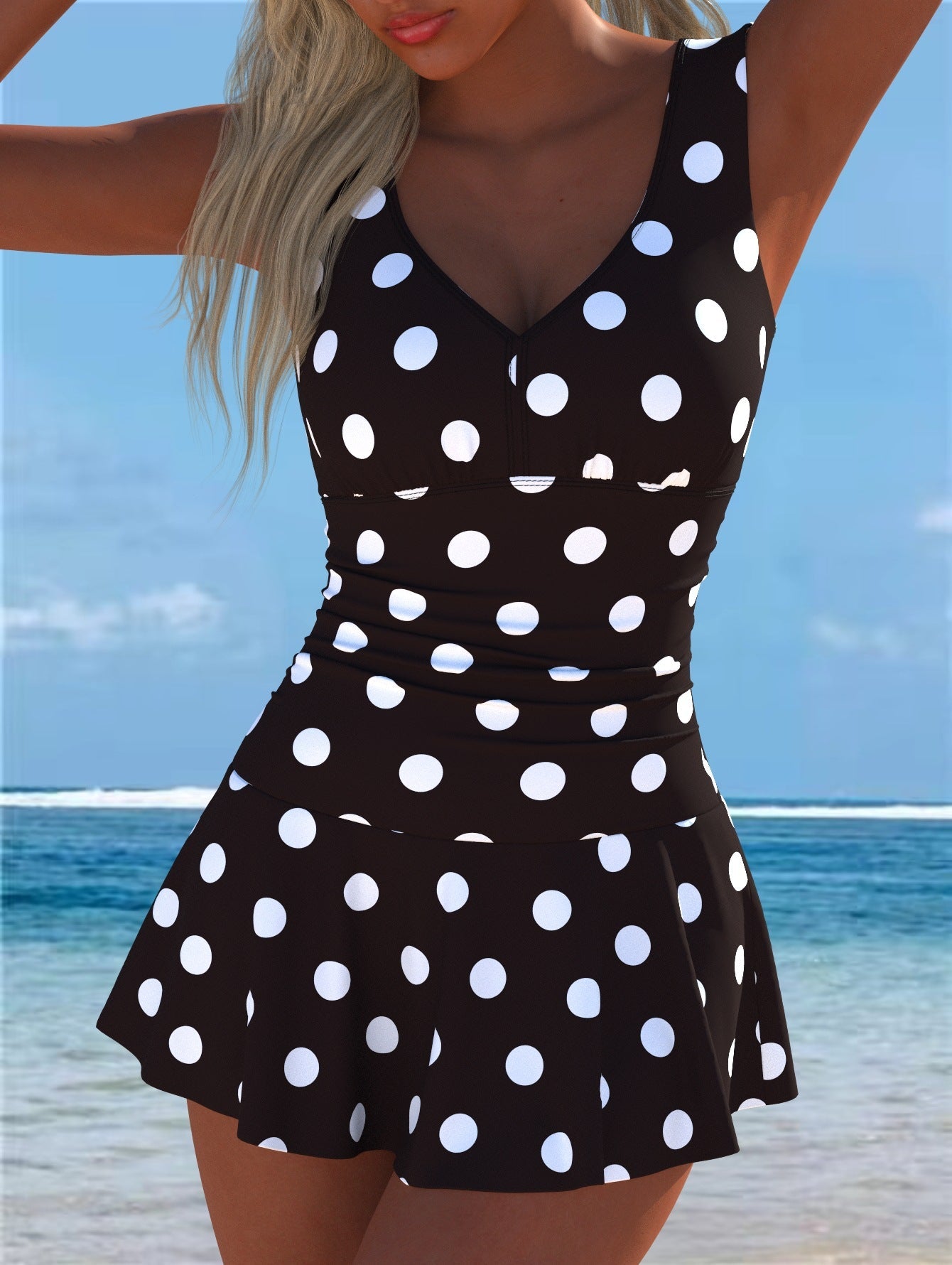 Damen Schwimmdress mit volanthaftem Saum und lR&Bhaftem Muster Shopnory