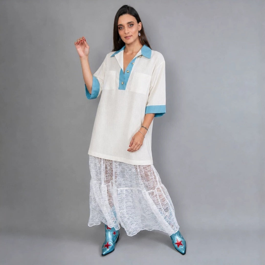 Damen oversized Polo-Tunika mit Kontrastkragen und aufgesetzten Brusttaschen Shop Nory