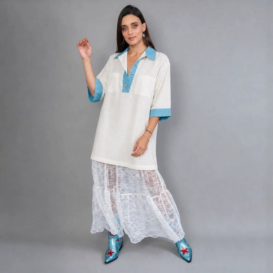 Damen oversized Polo-Tunika mit Kontrastkragen und aufgesetzten Brusttaschen Shop Nory