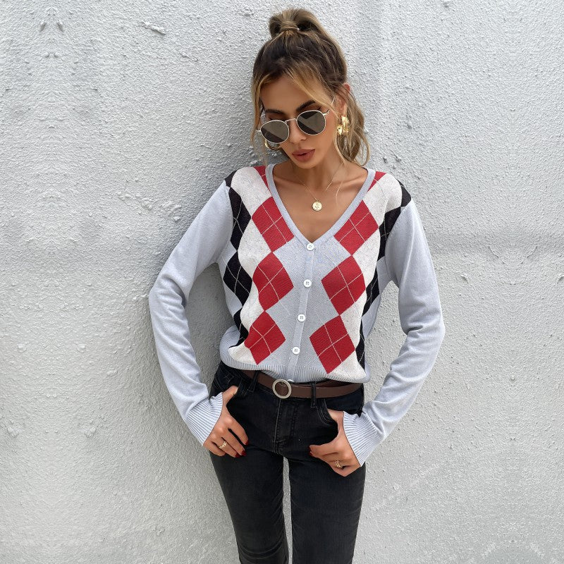 Damen Leichter Kurzcardigan mit Rautenmuster, V-Ausschnitt und Knopfleiste Shop Nory