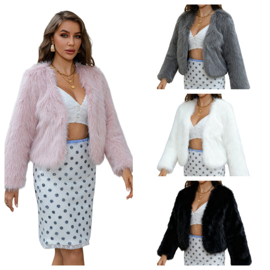 Damen Kurzgeschnittene Kunstpelzjacke mit offenem Frontschnitt Shop Nory