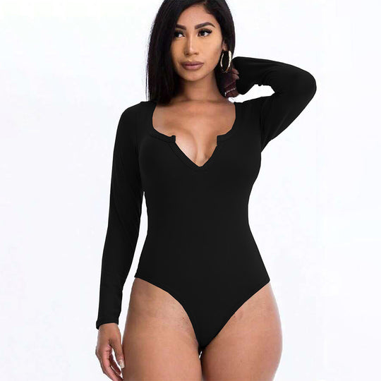 Damen figurbetontes V-Ausschnitt-Stringbody mit langen Ärmeln Shop Nory