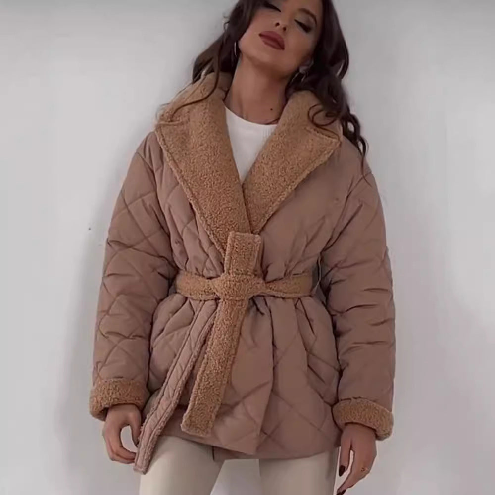 Damen Steppjacke mit Teddy-Futter Taillengürtel und großem Schalkragen Shop Nory