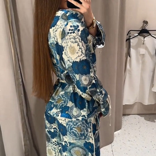Damen Zweiteiliges florales Jacquard-Loungewear-Set mit Taillengürtel, Paspelierung und Bindärmeln Shop Nory