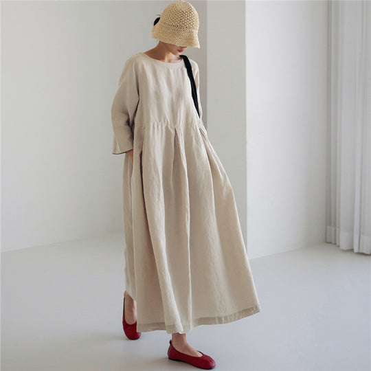 Damen Maxi-Kleid aus Leinen mit Teilnaht, sanften Faltenfall und Langarm Shop Nory