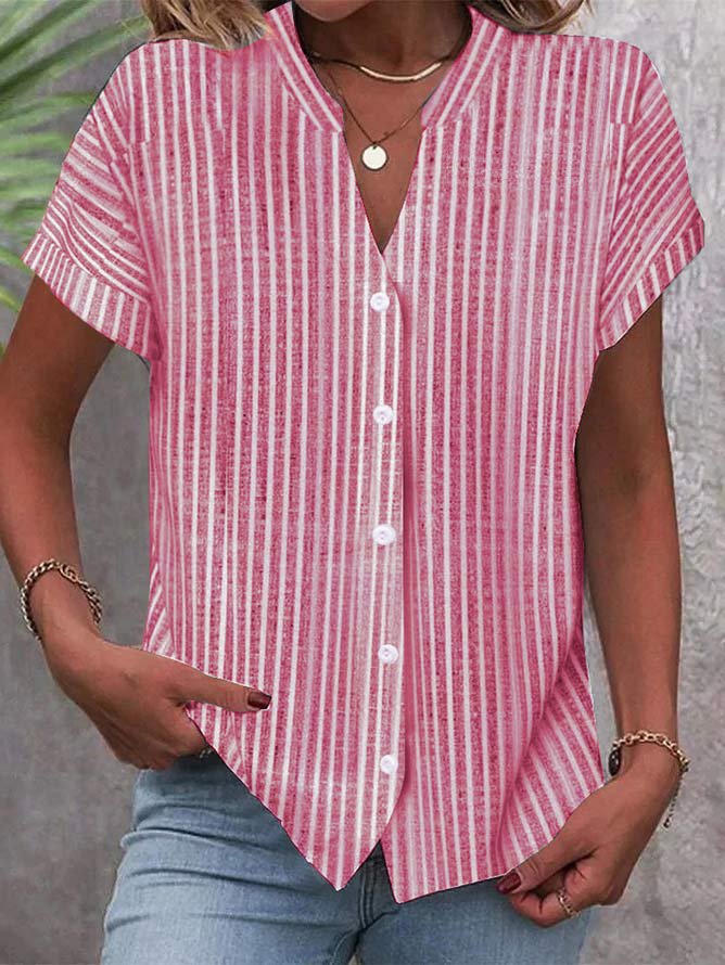 Damen Kurzarm-Bluse mit V-Ausschnitt und Streifenmuster