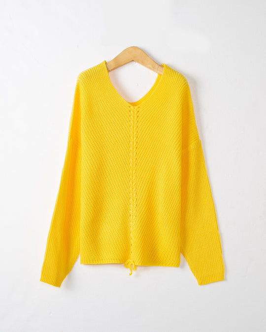 Damen Strickpullover mit Zopfmittelnaht, V‑Ausschnitt und Kordelzug Shop Nory
