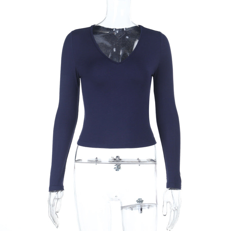 Damen Enganliegendes Langarm-Croppedshirt mit V-Ausschnitt Shop Nory