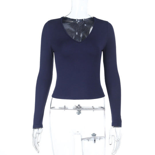 Damen Enganliegendes Langarm-Croppedshirt mit V-Ausschnitt Shop Nory