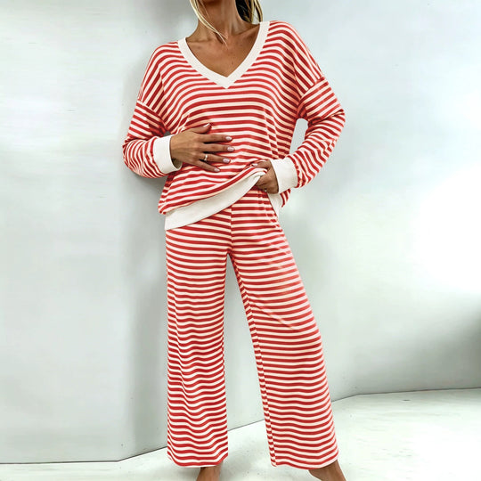 Damen Maritimes Zweiteiler mit V-Ausschnitt, Oversize-Pullover und Palazzo‑Hose Shop Nory