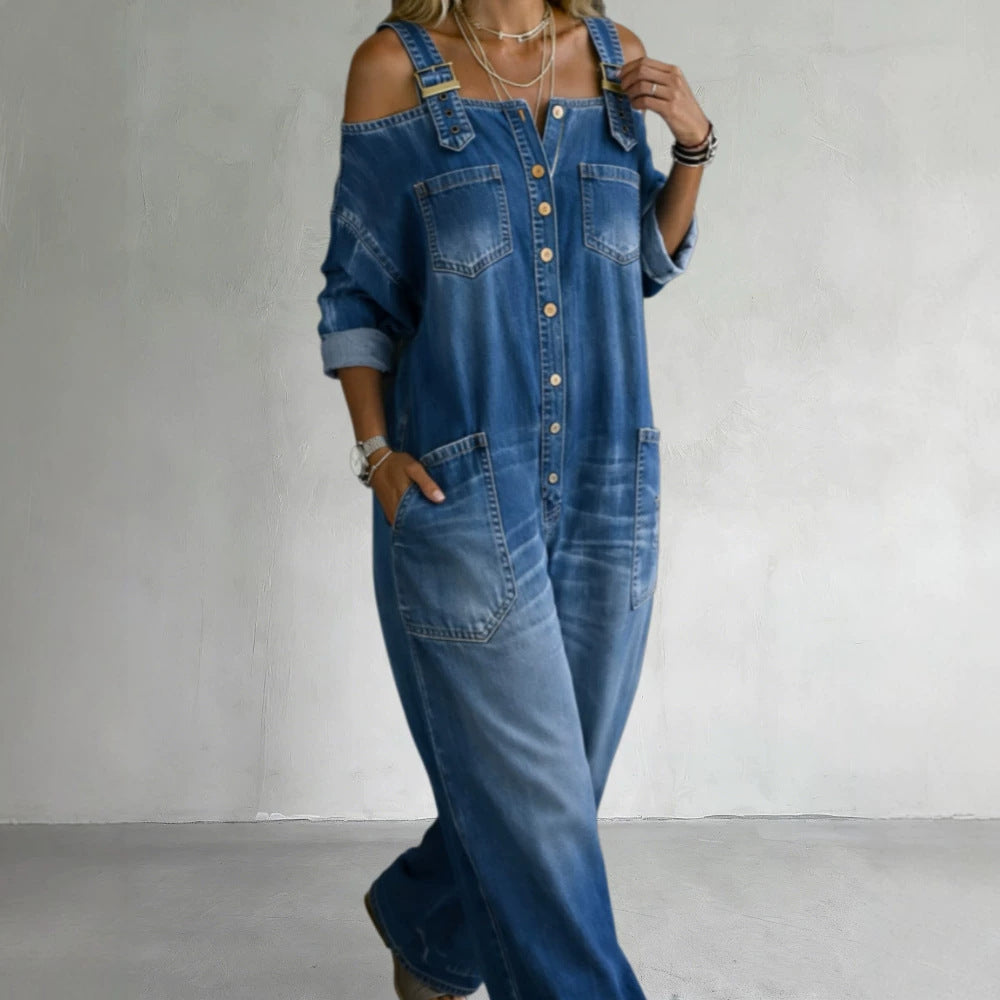 Damen Modischer Denim-Overall mit Off-Shoulder Design
