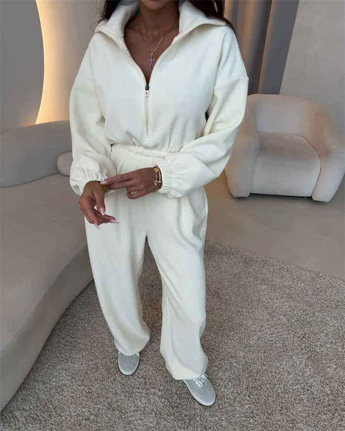Damen eleganter Lounge-Overall mit elastischer Taillenpartie, Stehkragen, Reißverschluss und weitem Bein Shop Nory