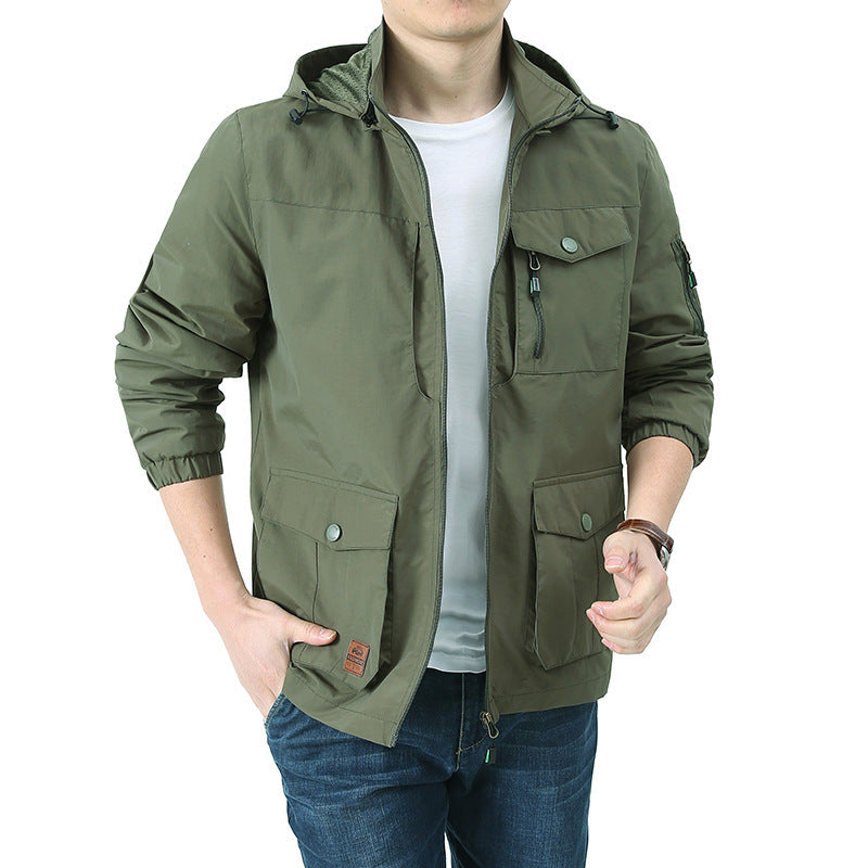 Herren wasserabweisende Kapuzen-Canvas-Fieldjacke mit verdecktem Zweiwege-Reißverschluss, elastischen Ärmelbündchen und Utility-Pattentaschen Shop Nory