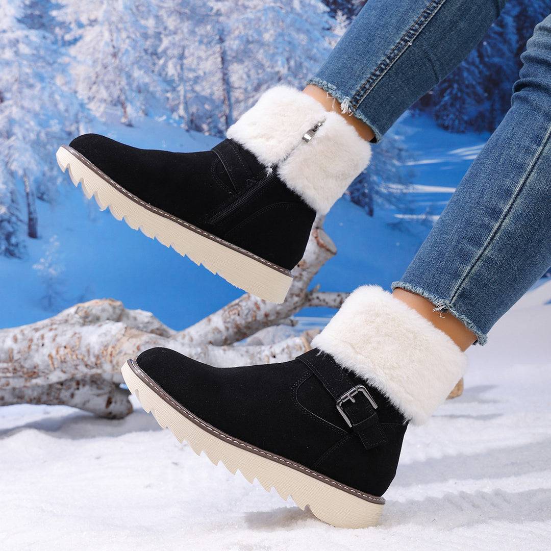 Damen Gefütterte Kurzstiefelette mit Kunstfellkragen, Velours‑Optik und Zierschnalle Shop Nory