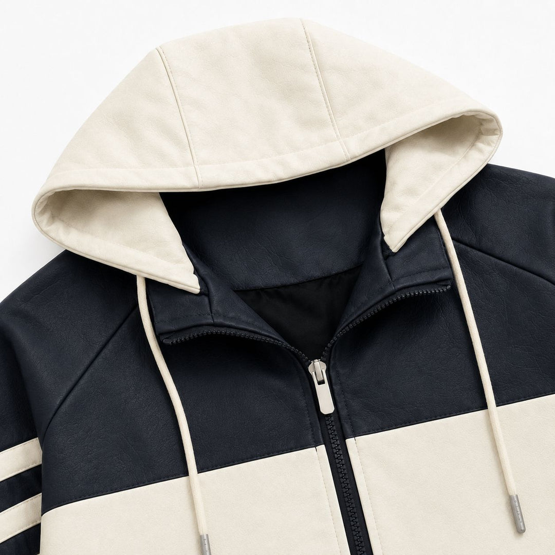 Herren Sportlicher Kapuzen‑Bomber mit Kunstlederoptik, Kontraststreifen und Reißverschluss Shop Nory