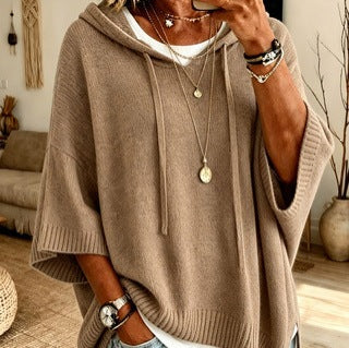 Damen Oversize Strickponcho mit Kapuze und kurzen Ärmeln Shop Nory