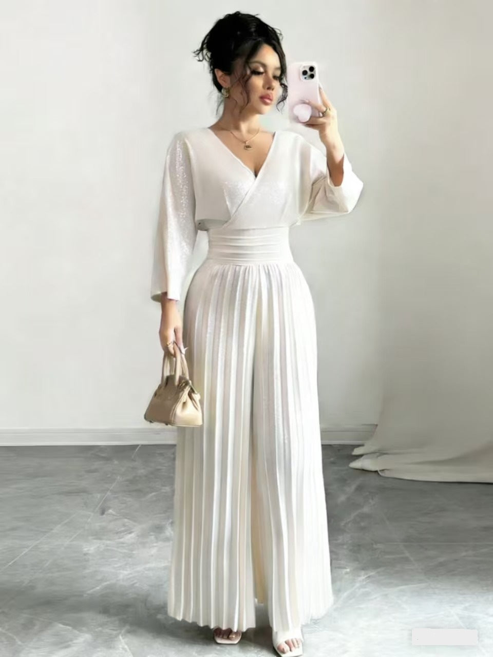 Damen Maxikleid mit Wickeloberteil, Tailliertem Rippbund und Plisseerock Shop Nory