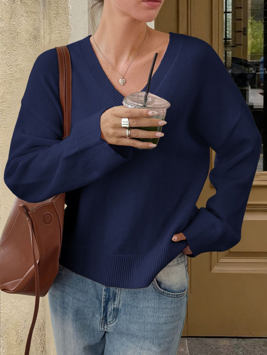 Damen nan oversized V-Ausschnitt Feinstrickpullover mit überschnittener Schulter, langen Kimonärmeln und breitem Rippbund Shop Nory