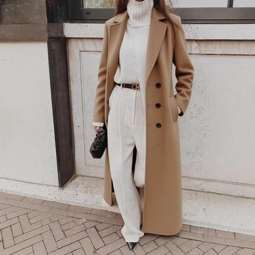Damen Langer doppeltreihiger Wollmantel mit Reverskragen und taillierter Silhouette Shop Nory