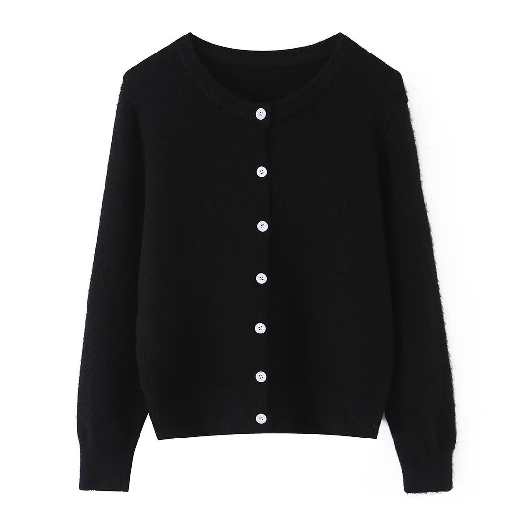 Damen Leichter Feinstrick-Cardigan mit Rundausschnitt, Rippbündchen und Perlmuttknöpfen Shop Nory