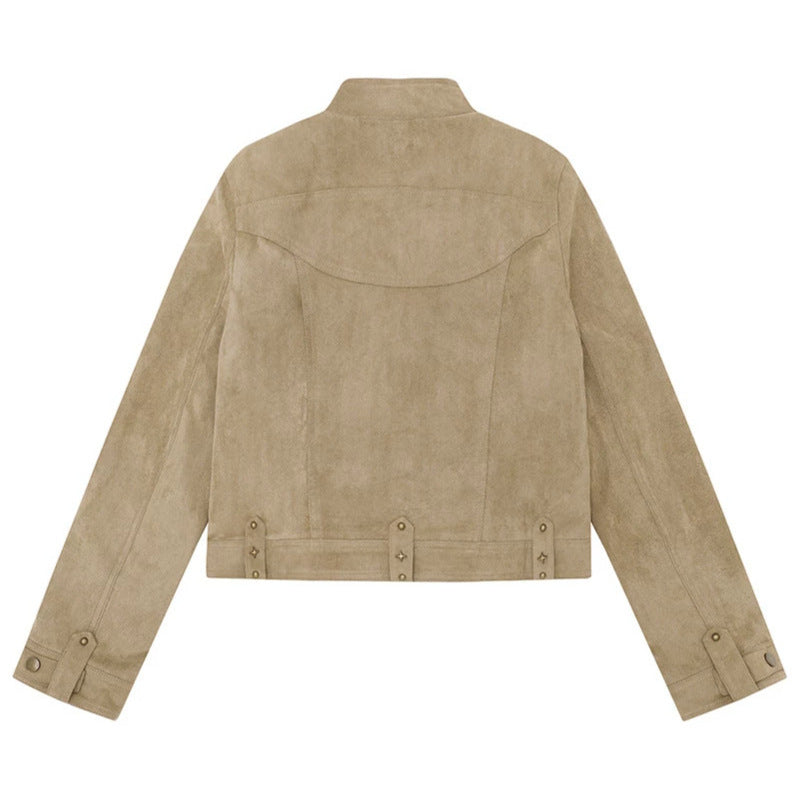Damen Kurz geschnittene Velourslederjacke mit Stehkragen, Zier‑Nieten und Pattentaschen Shop Nory