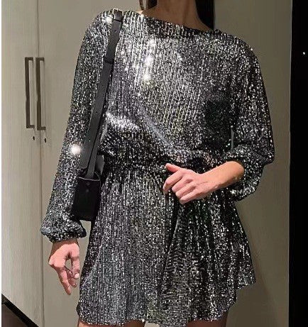 Damen Glamouröses Cocktailkleid mit funkelnden Lurex-Fäden und elastischem Taillengürtel