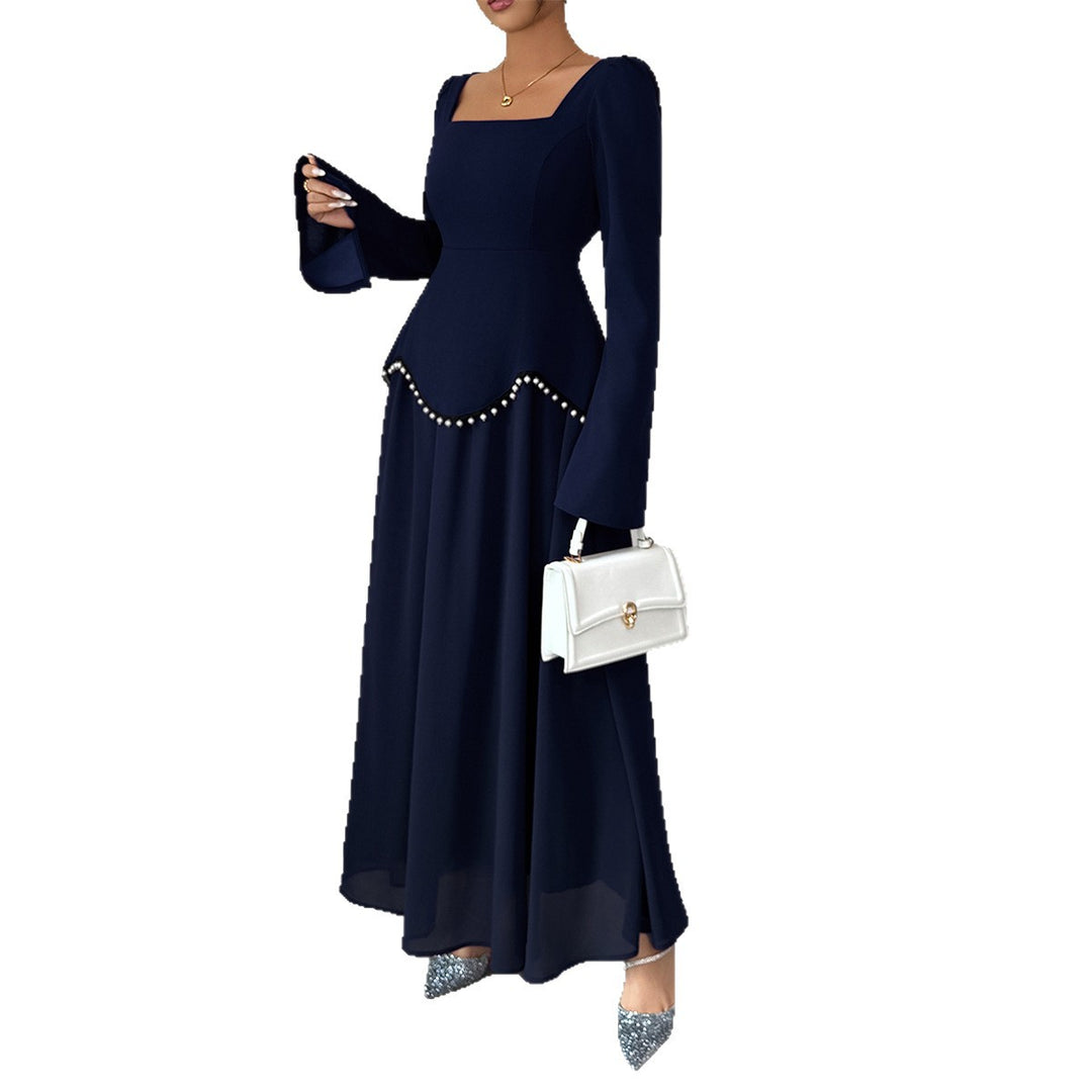 Damen nan elegantes Maxikleid mit quadratischem Ausschnitt, taillierter Schößchen-Passe und Perlenbordüre Shop Nory