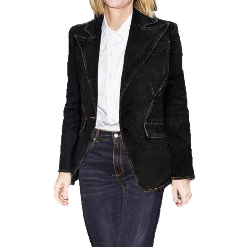 Damen taillierte Denim-Blazerjacke mit Reverskragen und kontrastierender Steppung Shop Nory
