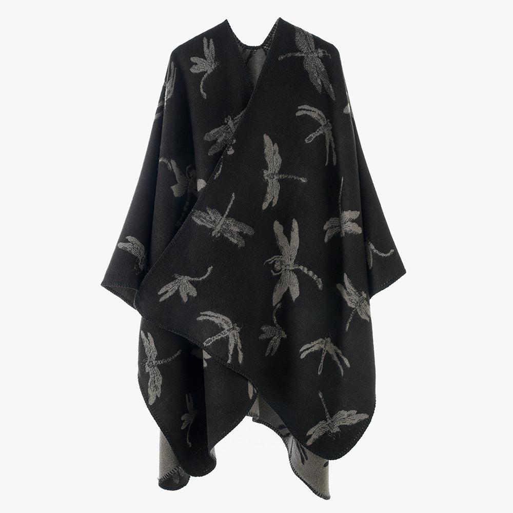 Damen Wollmix-Poncho mit Libellen-Jacquard und offenem Wasserfall-Schnitt Shop Nory