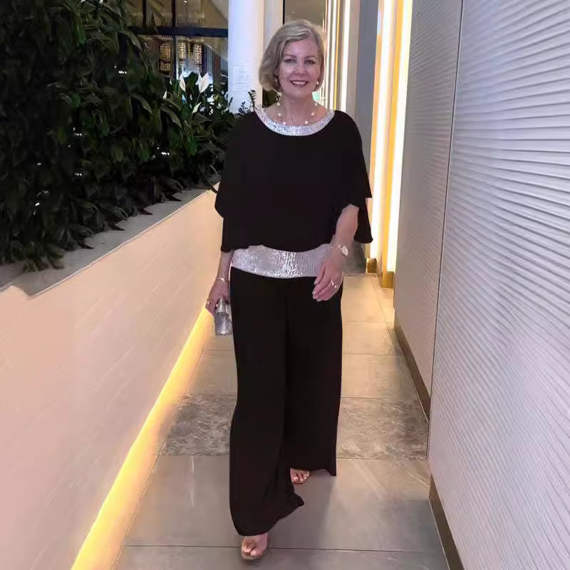 Damen Elegantes Abendzweiteiler mit Chiffon-Cape und Palazzo‑Hose Shop Nory
