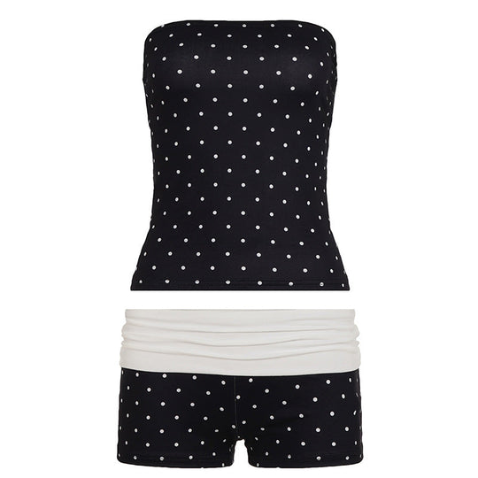 Damen Bandeau-Badeanzug mit Polka Dots und Shorts