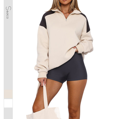Damen Oversize Sweatshirt mit Halbreißverschluss und Kontrast-Schulter Shop Nory