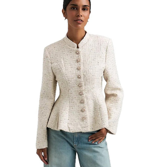 Damen Bouclé-Blazer mit Stehkragen und taillierter Schößchen-Silhouette Shop Nory