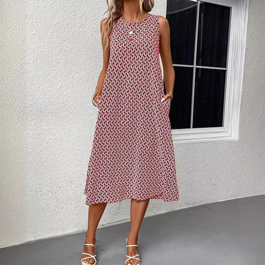 Damen nan ärmelloses A-Linien-Midikleid mit Rundhalsausschnitt, seitlichem Beinschlitz und feinem Geometrie-Print