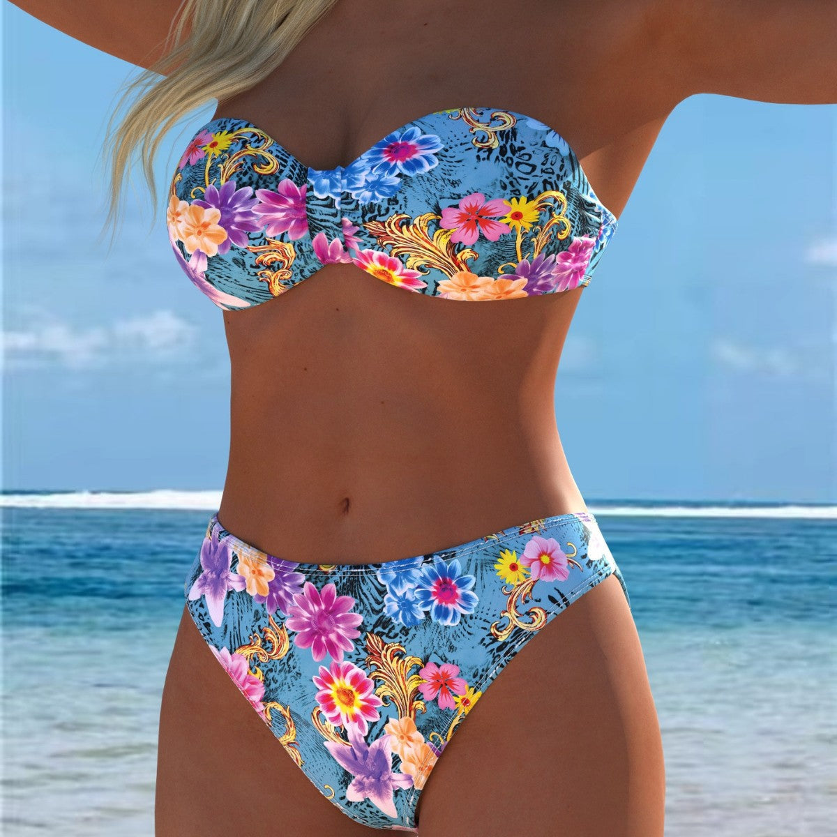 Damen Bikini-Set mit einem eleganten Bustier-Oberteil und hohem Beinausschnitt