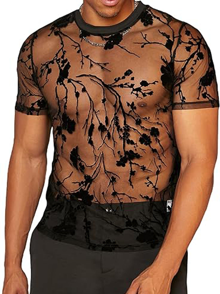 Herren Netz-T-Shirt mit floralem Design und elastischen Abschlüssen