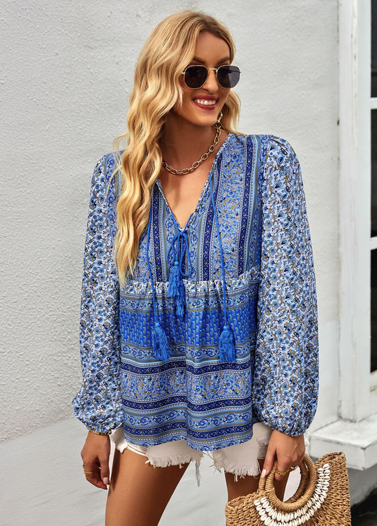 Damen nan lockere Boho-Tunika-Bluse mit V-Ausschnitt, Quasten-Tie und gerafften Ballonärmeln Shop Nory