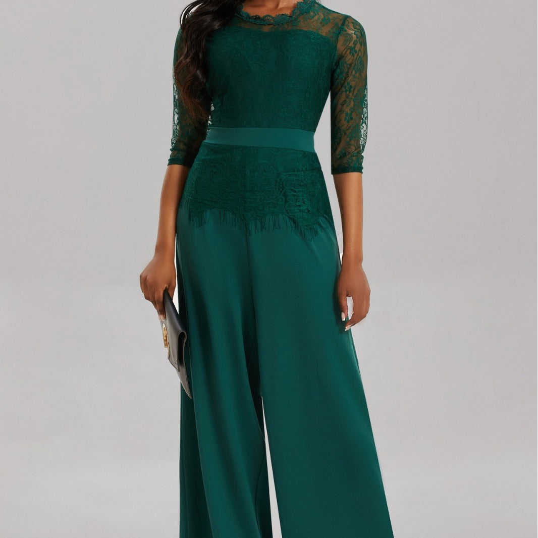 Eleganter Damen Jumpsuit mit Spitzenärmeln und Weitem Bein | Shopnory