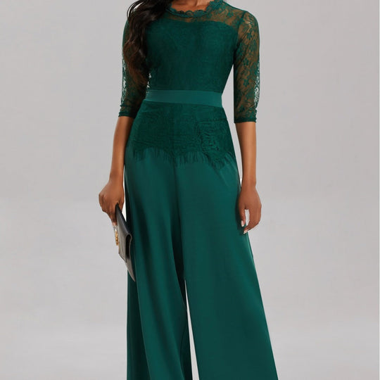 Eleganter Damen Jumpsuit mit Spitzenärmeln und Weitem Bein | Shopnory
