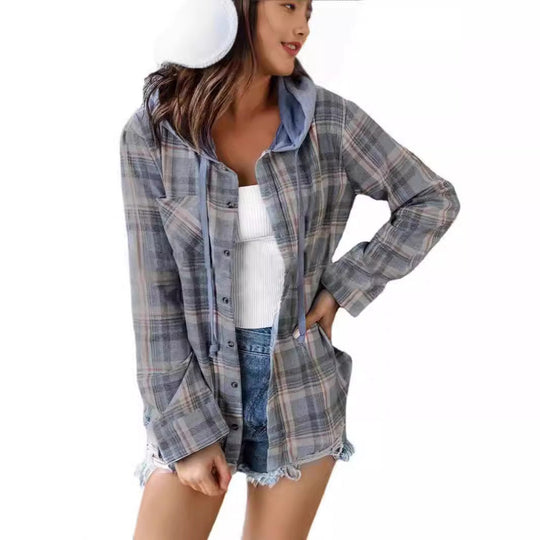 Damen nostalgische Karobluse mit Kapuze und Knopfverschluss