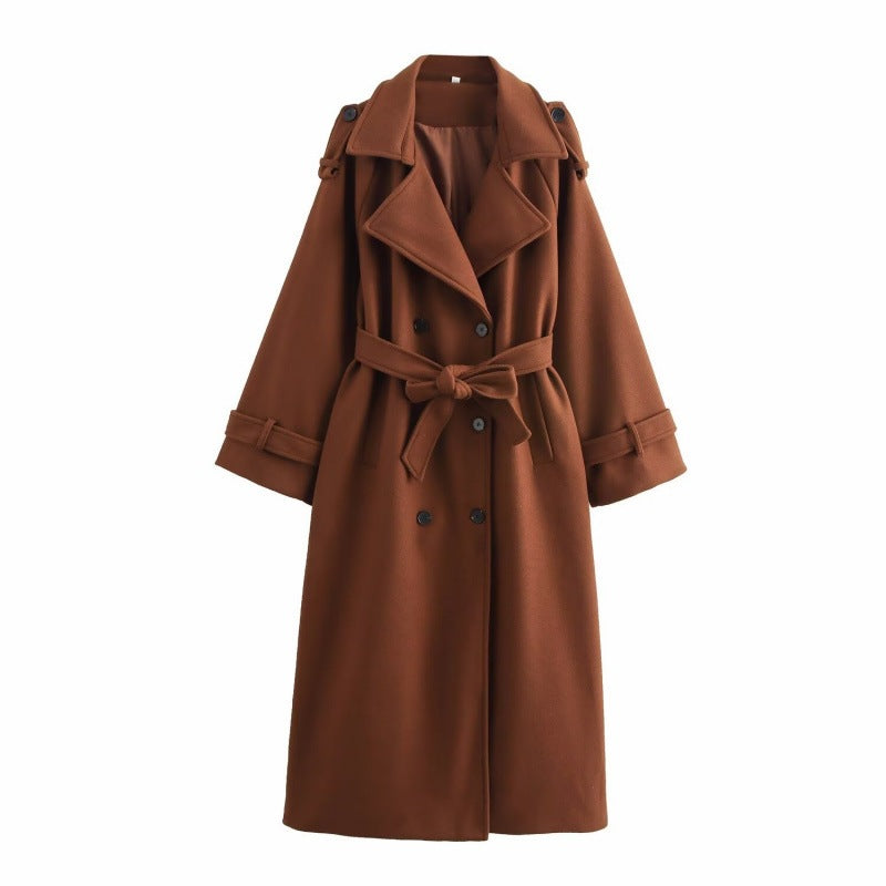 Damen langer doppeltreihiger Wollmix-Trenchcoat mit Gürtel und breitem Revers Shop Nory
