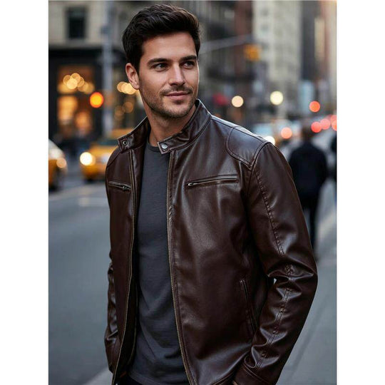 Herren Biker‑Style Kunstlederjacke mit Stehkragen und Reißverschlusstaschen Shop Nory