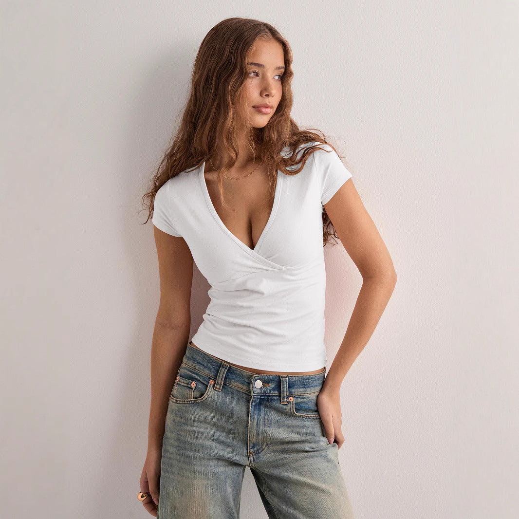 Damen figurbetontes T-Shirt mit elegantem V-Ausschnitt