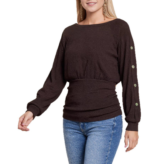 Damen Feinstrickpullover mit weitem Bootsausschnitt, Ärmel-Knopfdetail und taillierter Smokpassform Shop Nory