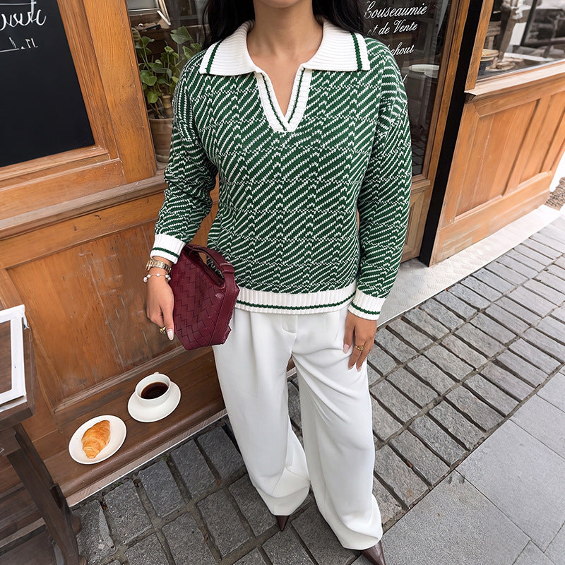 Damen Polokragen-Strickpullover mit V-Ausschnitt und Strukturmuster Shop Nory