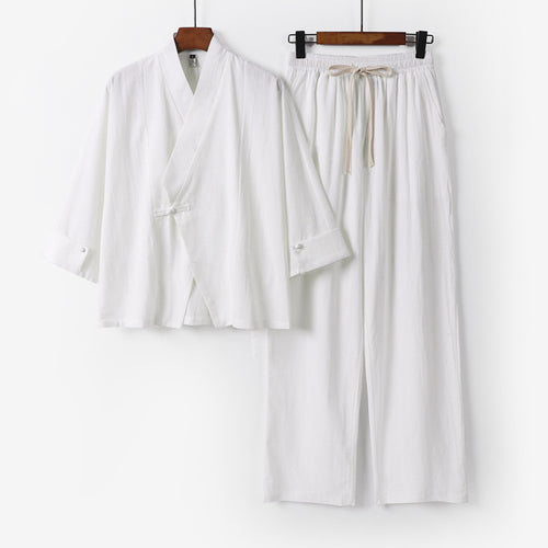 Unisex Leichtes Zen-Lounge-Set im Kimono-Stil mit überschnittener Schulter verdeckter Knotenleiste und elastischer Tunnelzughose Shop Nory