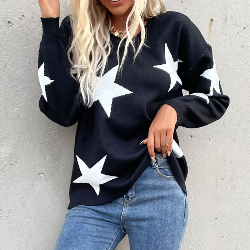 Damen Oversize V‑Ausschnitt Strickpullover mit großem Sternen‑Jacquard Shop Nory