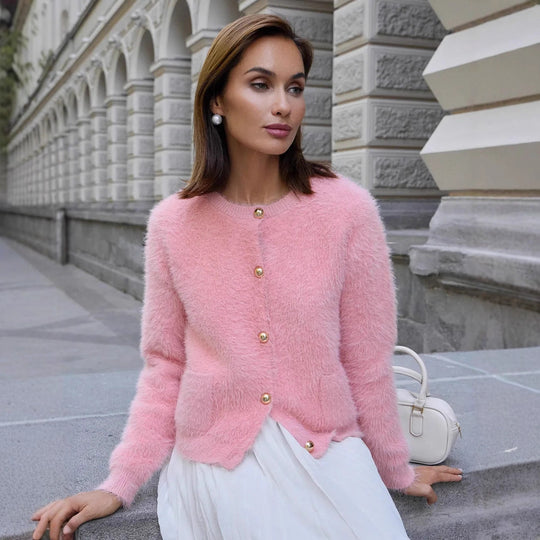 Damen Flauschige Strickjacke mit goldenen Knöpfen Shop Nory